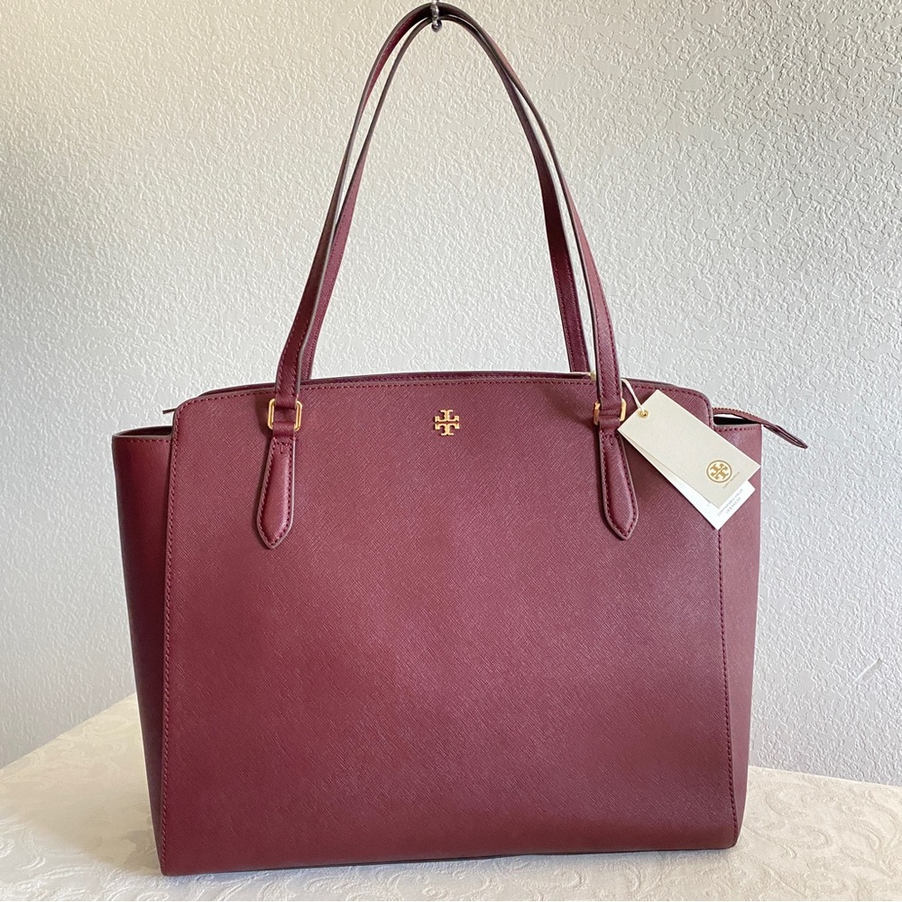 Tory Burch burgundy Saffiano leather Top Zip Tote Bag